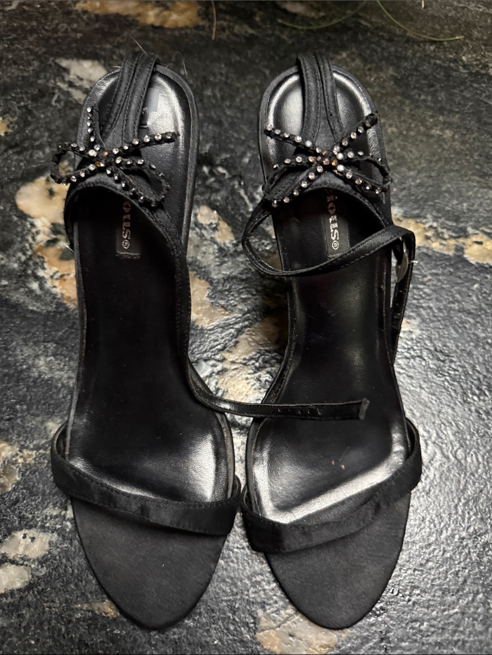 Delicious Black Heeled Sandals with Crystal Bow Detail